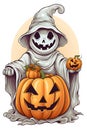 Ghost, ghoul dressed in white in front of him jack-o-lantern pumpkin, a Halloween image on a bright isolated background