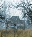 Ghost girl with haunted house scene in creepy forest