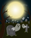 Ghost in the graveyard under moon shine Halloween theme background Royalty Free Stock Photo