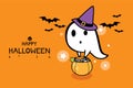 Ghost holding candy pumpkin bucket with bats and text on orange background.