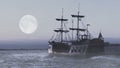 Ghost of legendary frigate sailing in sea at midnight in search for adventures