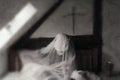 A ghost like figure, sitting on a bed in a corner of an old timber framed building. With a blurred, textured, weathered, abstract