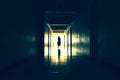 Dark creepy hallway. bringing the end of the dark corridor. Scary black hall. Royalty Free Stock Photo