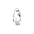 Ghost makes selfie. Hand drawn sketch. Halloween Ghost doodle. Vector