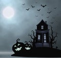 Ghost old house, mistery place, halloween vector illustration. Smile pumpkin, dry tree, bats flock, full moon, foggy Royalty Free Stock Photo