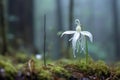 ghost orchid with white petals in a misty forest