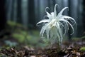 ghost orchid with white petals in a misty forest