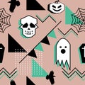 Ghost pattern for halloween theme seamless pattern with skull and geometric abstract background. Teenager and children fashion wra