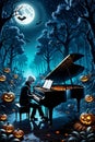 A ghost playing piano in a moonlit night, at a whimsical forest, with scary pumpkins, horor, bats, jungle, wildplants, cartoon Royalty Free Stock Photo