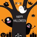 Ghost, pumpkin, spider, monster, candle, owl, eye eyeballs in hollow. Black tree silhouette. Bunting flags Boo spooky cute cartoon