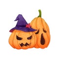 Ghost pumpkin with witch hat on white background. Watercolor hand painting illustration. Design for halloween event. Clipping path Royalty Free Stock Photo