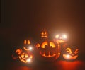 Ghost pumpkins on Halloween. ead Jack on Dark background. Holiday indoor decorations. Royalty Free Stock Photo