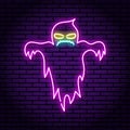 Ghost purple neon sign. Against the background of a brick wall. Displeased