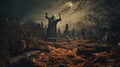 Ghost scenery Halloween background, Zombie Apocalypse, scary haunted cemetery