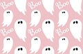 Ghost seamless pattern on pink with hand drawn text Boo for children halloween party paper, holiday celebration