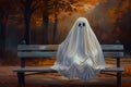 Ghost Sitting on Park Bench in Autumn. Generative ai Royalty Free Stock Photo