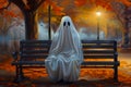 Ghost Sitting on Park Bench in Autumn. Generative ai Royalty Free Stock Photo