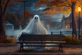 Ghost Sitting on Park Bench in Autumn. Generative ai Royalty Free Stock Photo