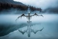 Ghost Skeleton Floating Above Misty Lake, Its Bony Arms Stretched Out