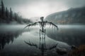 Ghost Skeleton Floating Above Misty Lake, Its Bony Arms Stretched Out