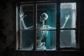 ghost skeleton floating through window, its bony arms outstretched