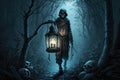 ghost skeleton holding lantern in dark and spooky forest