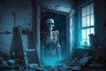 ghost skeleton, with its skull grinning at the viewer, in spooky abandoned house