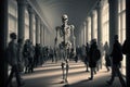 ghost skeleton walking down crowded hall, with its bones rattling