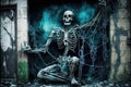 ghost skeleton, wrapped in chains and scrawled with ghostly graffiti