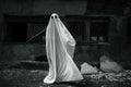 Ghost Wear Sheet Over Background Of Old Ruined Building, Vintage Style, Black And White Photo, Halloween Horror Concept