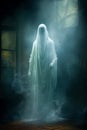 Ghost in white robe in old haunted house Royalty Free Stock Photo