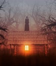 Ghost woman in black standing on the roof of a cabin in creepy forest