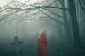 Ghost woman in red dress on dark horror forest cemetery