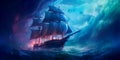 ghostly adventure aboard a spectral ship, with capturing the ethereal beauty of a journey across haunted waters.