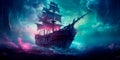 ghostly adventure aboard a spectral ship, with capturing the ethereal beauty of a journey across haunted waters.