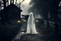 Ghostly apparition on a rural path, vintage and mysterious ambiance