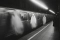 Ghostly apparitions glide out of a subway train at a dimly lit station during a haunting midnight hour Royalty Free Stock Photo