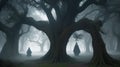 Ghostly apparitions swirling around an ancient tree