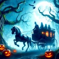 Ghostly carriage pulled by ghostly horses driven by skeletal figure in misty enchanted forest on moonlit night Royalty Free Stock Photo