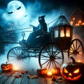 Ghostly carriage pulled by ghostly horses driven by skeletal figure in misty enchanted forest on moonlit night Royalty Free Stock Photo