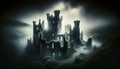 Ghostly Citadel: Eerie Fog Surrounding Decaying Castle Ruins