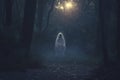 Ghostly figure amid mystic twilight woods, eerie and enchanting