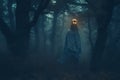 Ghostly figure amid mystic twilight woods, eerie and enchanting