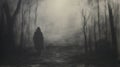 Ghostly Figure: Dark And Moody Pencil Drawing In A Misty Forest Royalty Free Stock Photo