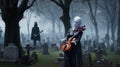 A ghostly figure in a graveyard playing a violin