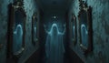 Ghostly Figure in Hallway with Mirrors Creating Eerie Reflection Royalty Free Stock Photo