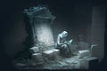 ghostly figure kneeling beside a broken tombstone, paying respects to the deceased