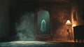 A Ghostly Figure Reflected in an Antique Mirror in a Haunted Room Royalty Free Stock Photo