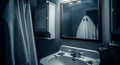 A ghostly figure is reflected in a vintage bathroom mirror creating a surreal, eerie atmosphere Royalty Free Stock Photo