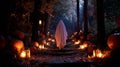 Ghostly figure in white sheet walking down a pumpkin-lined path illuminated by lanterns Royalty Free Stock Photo